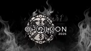 OPOLCON 2026 logo featuring intricate designs and a dragon motif against a black background with smoky effects.