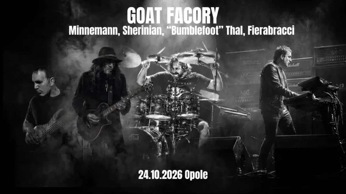 GOAT FACTORY performs at Drum Fest 2026 in Opole, featuring renowned musicians on stage with instruments.